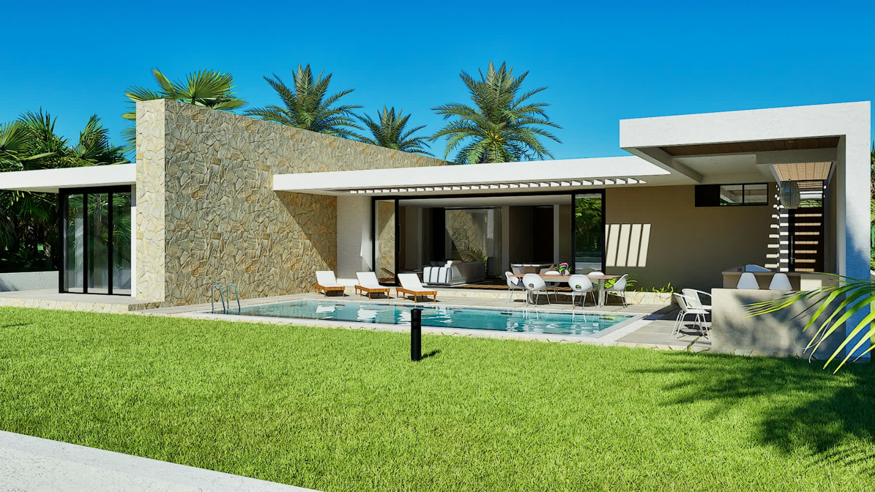 Clean-lined villa with natural stone feature wall
