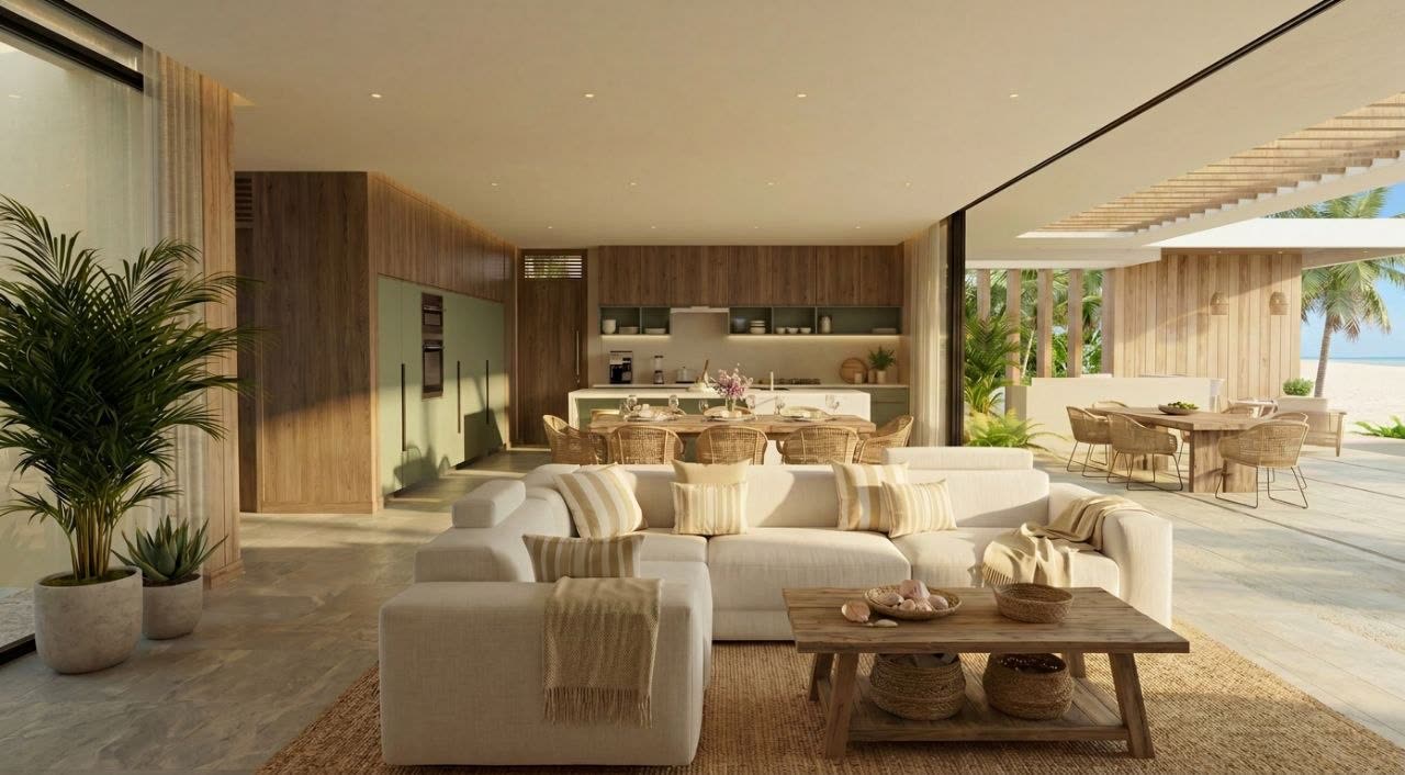 Open-plan living, dining and kitchen inside the villa